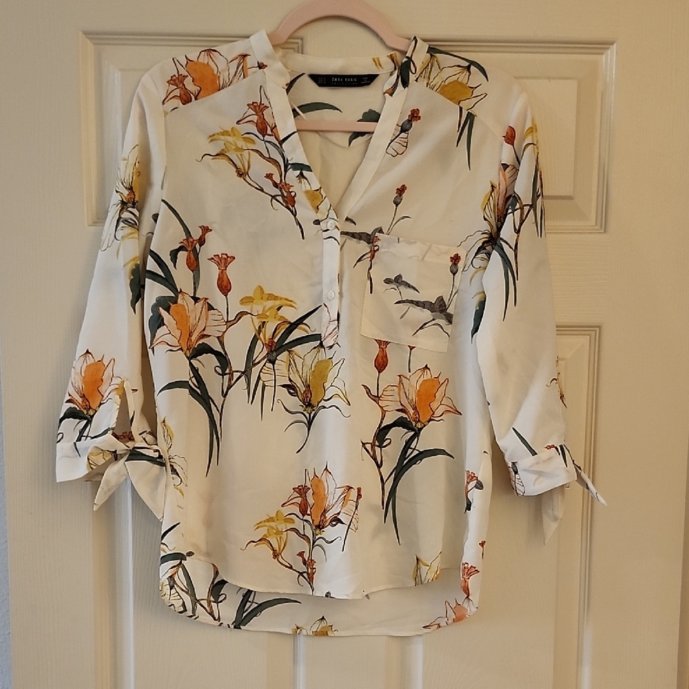 Floral V-Neck Button Popover Blouse - White with Yellow & Orange Floral